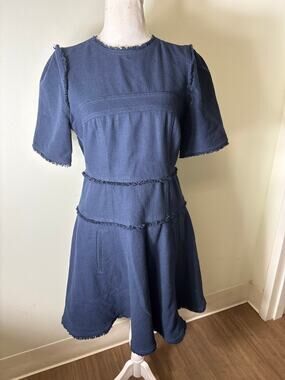 ME+EM Navy Blue Short Sleeve Fringe Mini Dress Sz 8